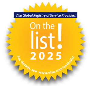 Yellow certificate seal that reads "Visa global registry of service providers. On the list! 2025"