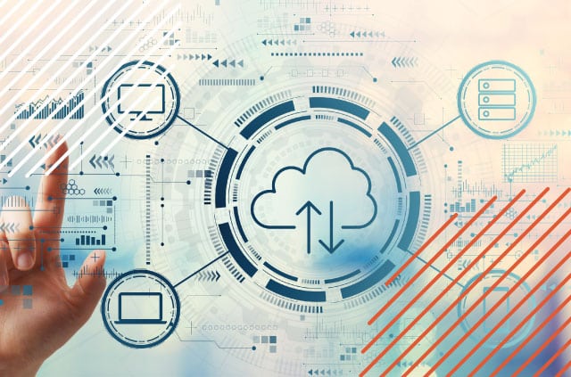Graphic of a cloud linking to a computer desktop, laptop and cell phone