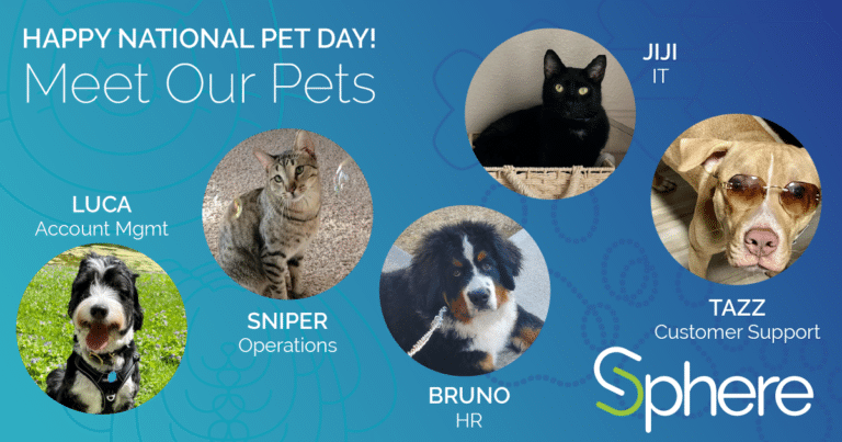 National Pet Day graphic titled "meet our pets" with photos of employees' cats and dogs