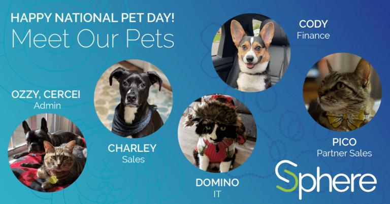 National Pet Day graphic titled "meet our pets" with photos of employees' cats and dogs