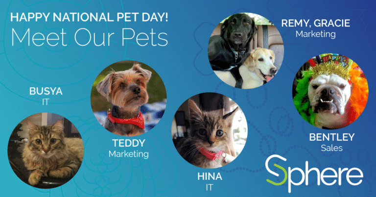 National Pet Day graphic titled "meet our pets" with photos of employees' cats and dogs