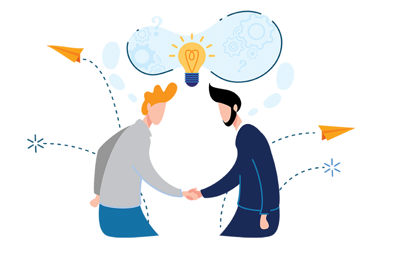 Cartoon of two men shaking hands with a lightbulb above them