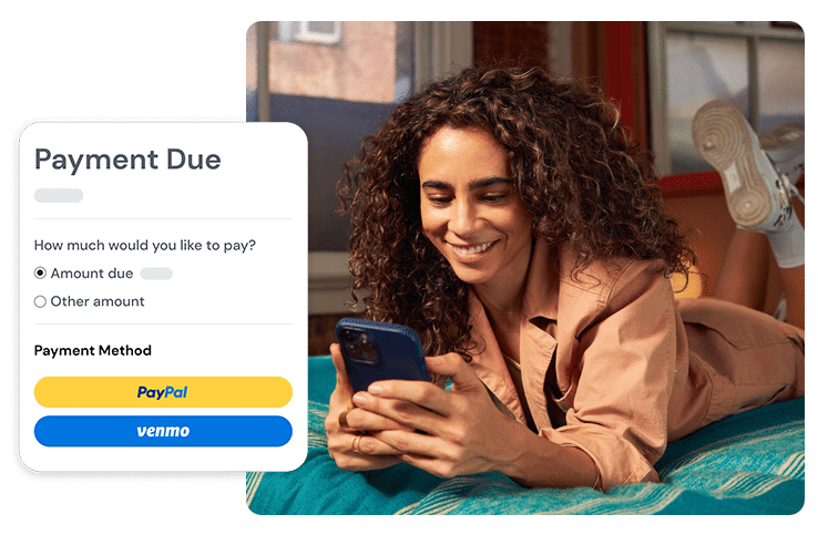 A photo of a woman looking at her cell phone with a screenshot of her making a healthcare payment with the ability to use the PayPal or Venmo button