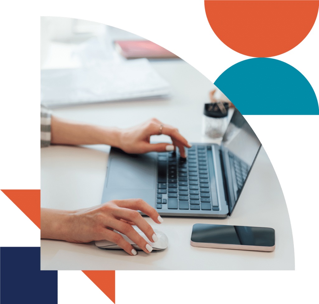 a collage of color-filled shapes and an close-up image of someone working on a laptop