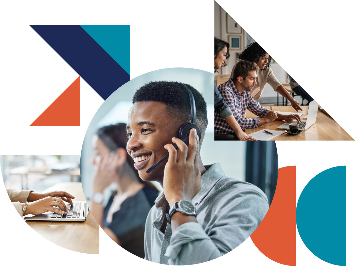 a collage of color-filled shapes and images of a man with a headset on a help call, coworkers reviewing information on a laptop, and a close-up of hands typing on a laptop