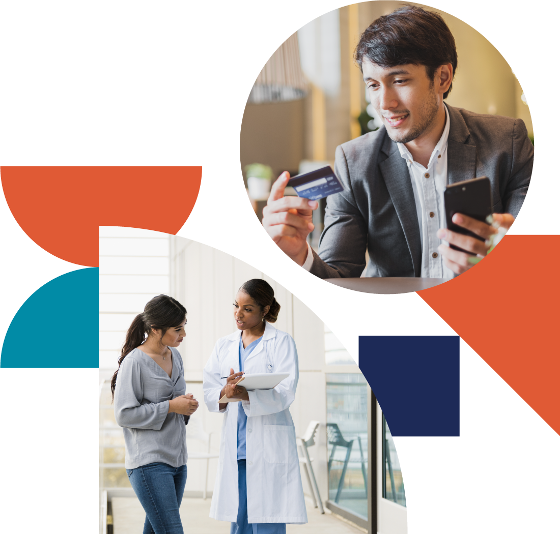 a collage of color-filled shapes and images of a female doctor discussing with a female patient and a man using a credit card to pay on a mobile phone