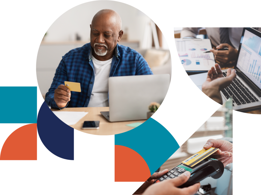 a collage of color-filled shapes and images of an older man paying online, using a credit card with an EFTPOS machine, and a woman working on a laptop