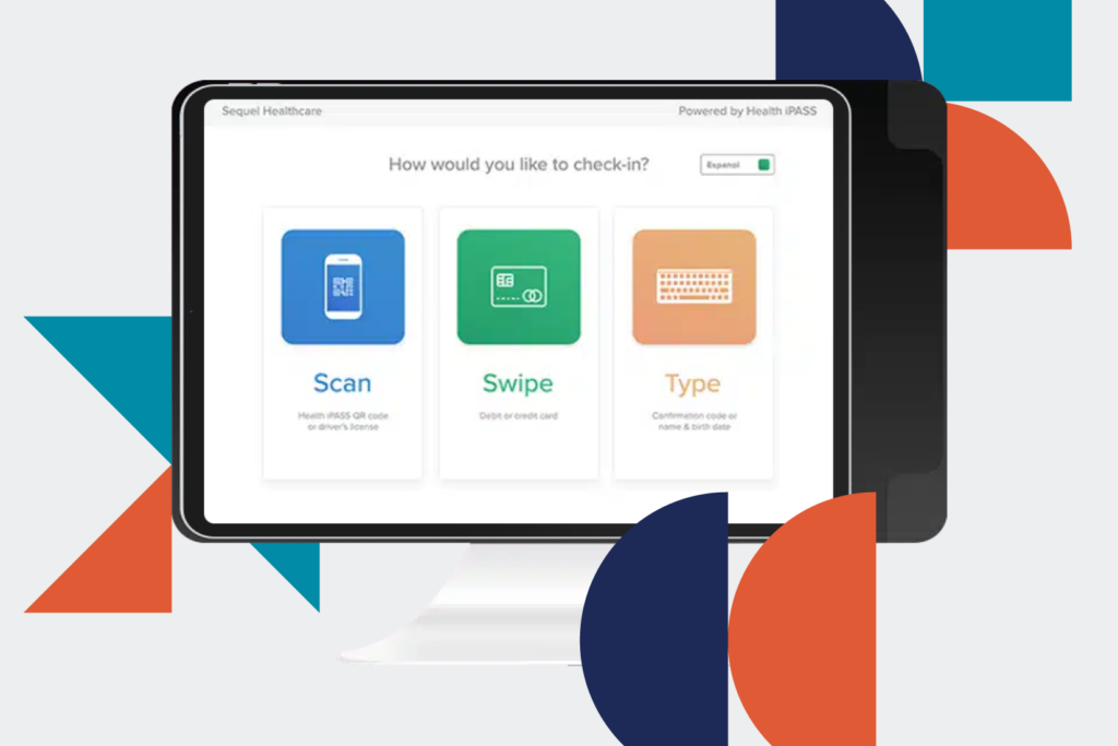 an in person payment machine with a tablet computer prompting someone to check-in to an appointment with a background of color-filled shapes