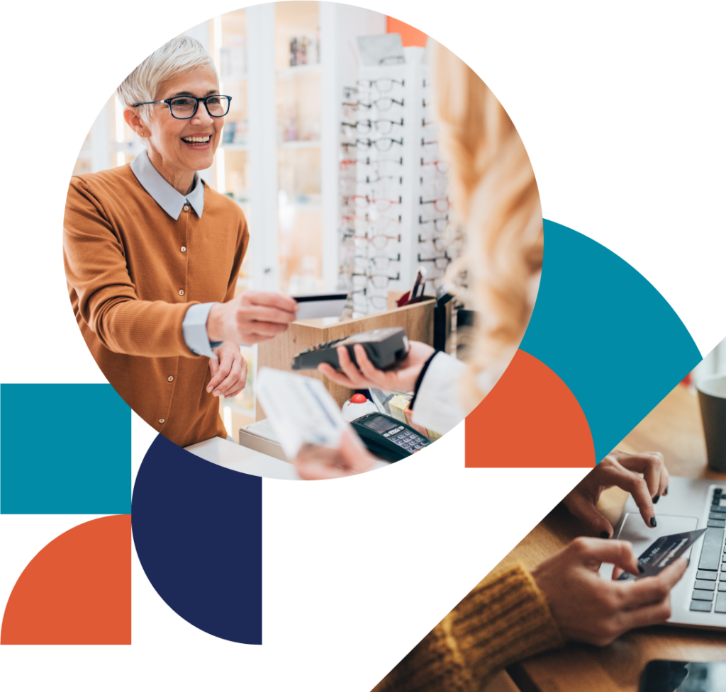 a collage of color-filled shapes and images of a woman using her credit card with an EFTPOS machine and a close-up shot of a hand typing on a laptop with a credit card