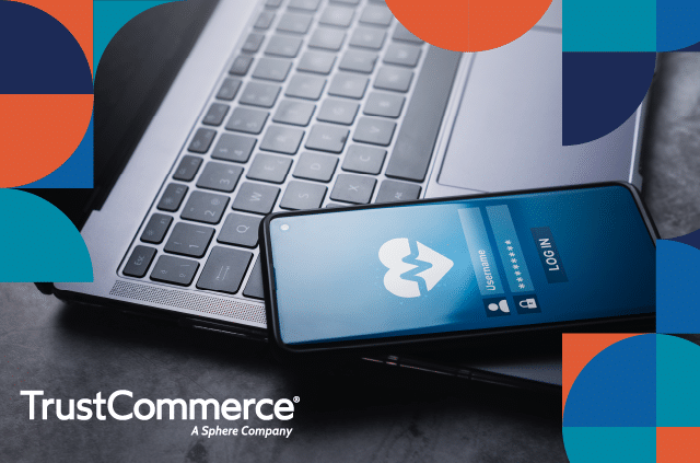 TrustCommerce's graphic with a patient engagement app on a mobile phone