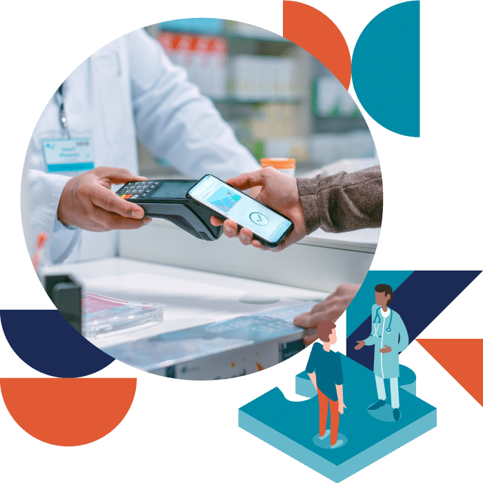 Collage of colored shapes with a photo of a person using their phone to pay for a healthcare service