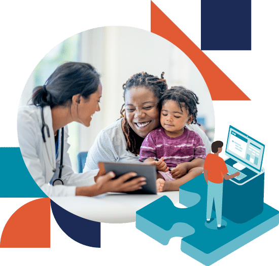 Collage of shapes with a women and child talking to a doctor