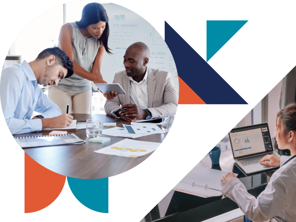 Collage of shapes with a photo of a business team working together and another photo of a person using a computer for work