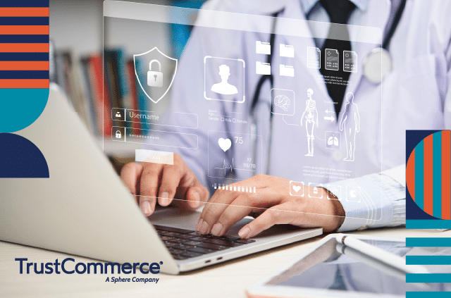 Photo of a doctor using a secured computer for cybersecurity with TrustCommerce's logo