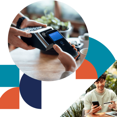a collage of color-filled shapes and images of people using credit cards to pay online and using a mobile phone with an EFTPOS machine