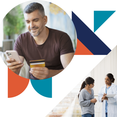 a collage of color-filled shapes and images of a man using a credit card to pay on a mobile phone and a doctor and patient in discussion